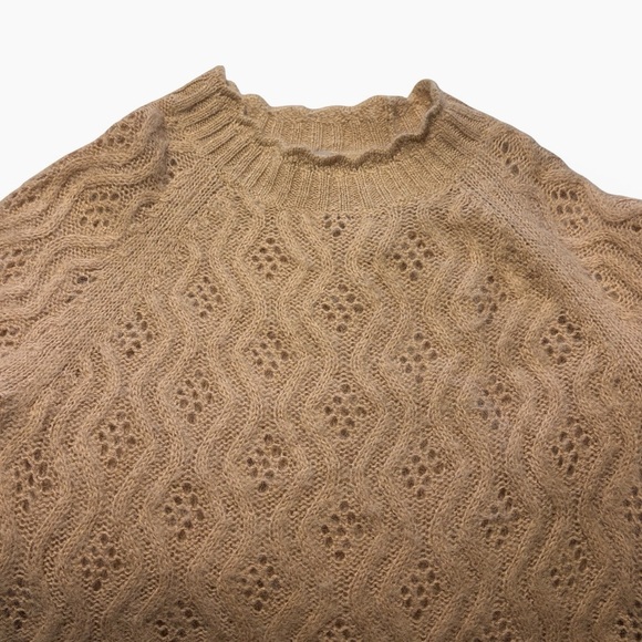 J. Crew Pointelle Scallop Trim Sweater Size S Camel Wool Alpaca Blend Open Knit - Picture 6 of 9